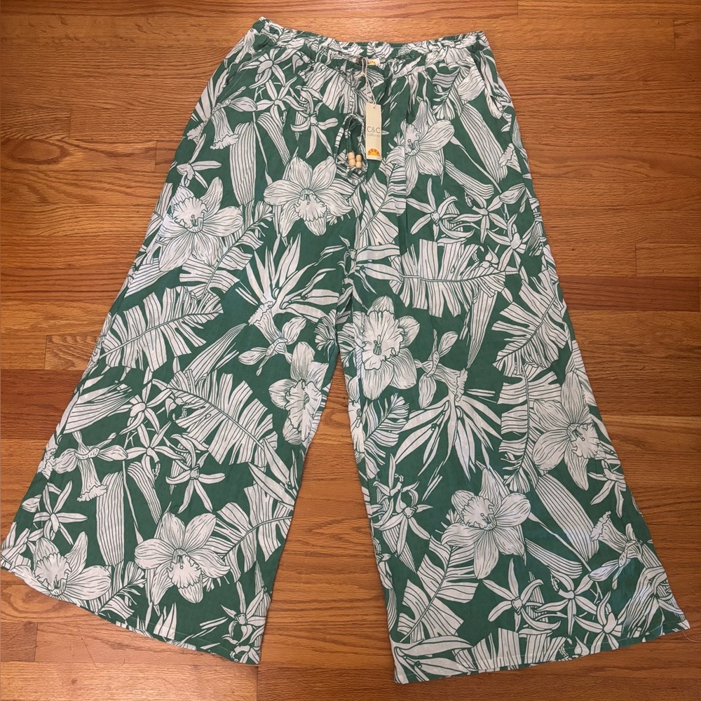 C&C California Pants Women’s XL Floral Green/White Wide Pants Tropical New